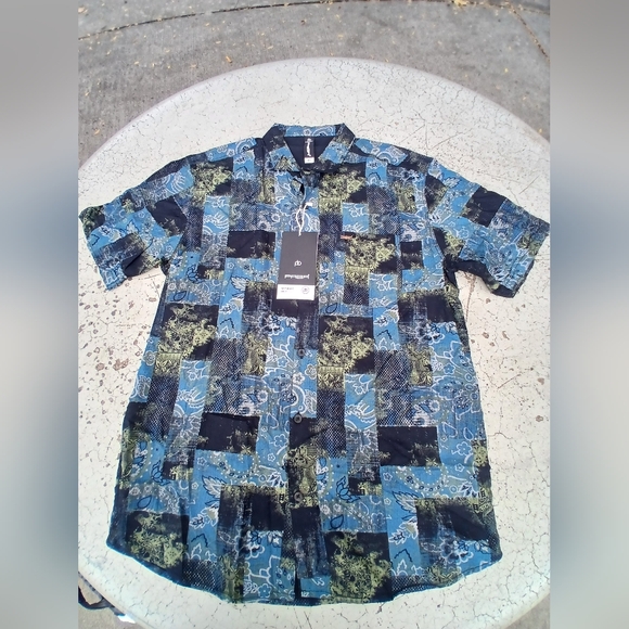 Perry Ellis Blue and Black Abstract Shirt - Picture 1 of 7